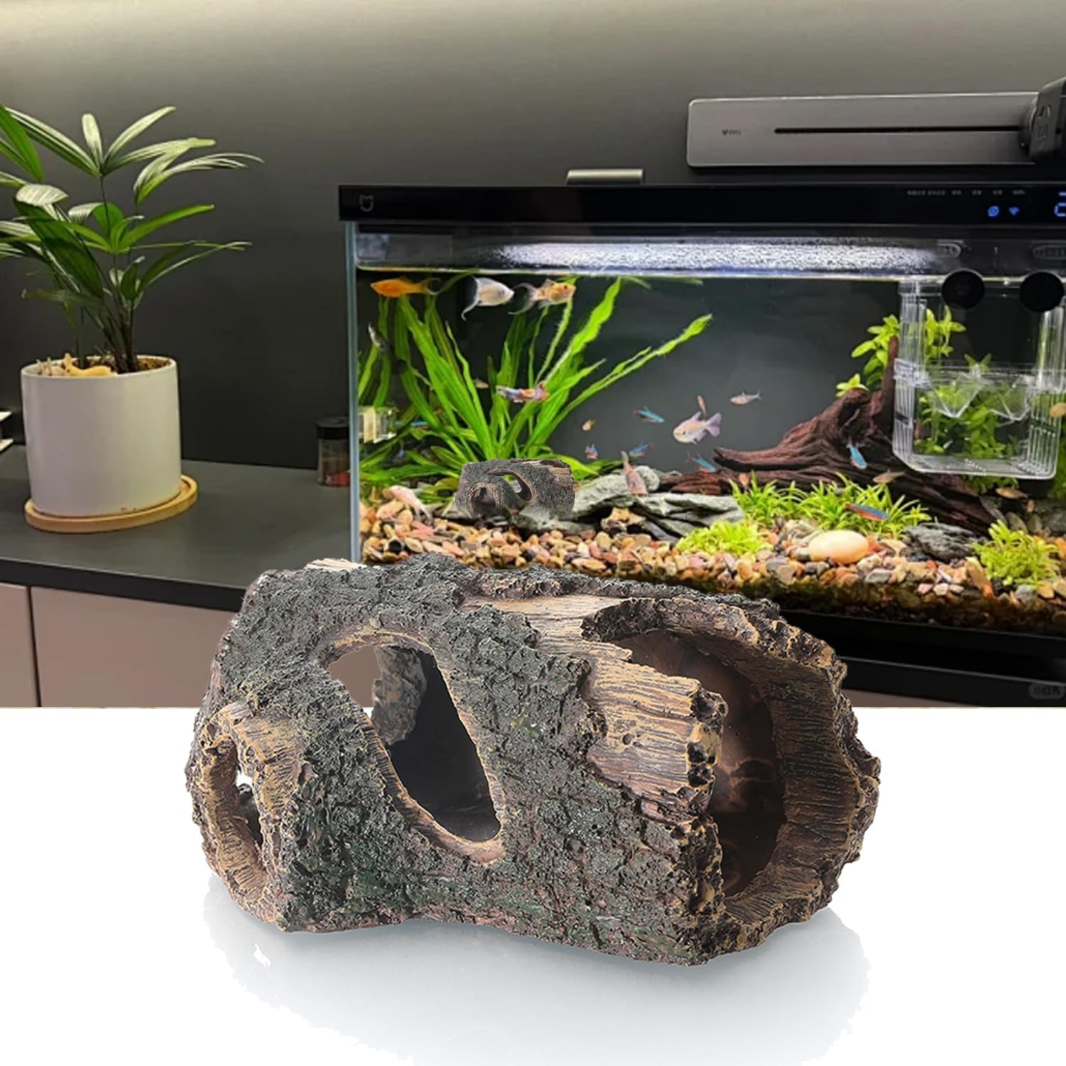 Aquarium Large Betta Log Resin Hollow Tree Trunk Decoration Artificial Wood Fish House Cave Bark Ornament Log Aquarium Decorations Ornament for Fish Tank Small Fish Hiding Landscaping Crafts(L)